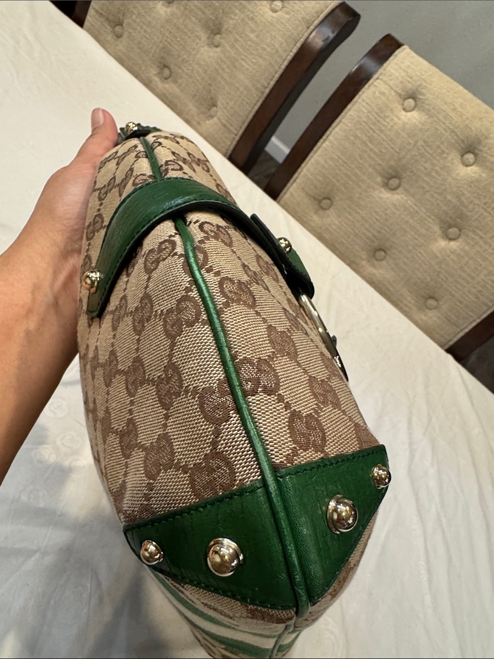 Authentic Gucci Beige Monogram Hobo with Green and Cream Stripes - Picture 4 of 11